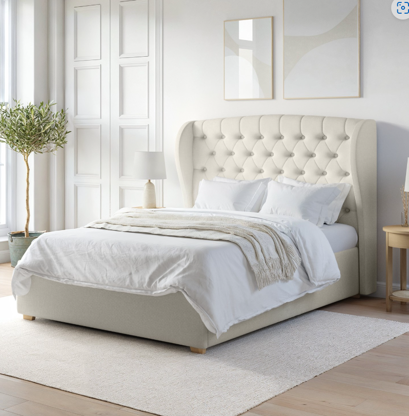 Cream Fabric Ottoman Bed with Winged Headboard - Safina