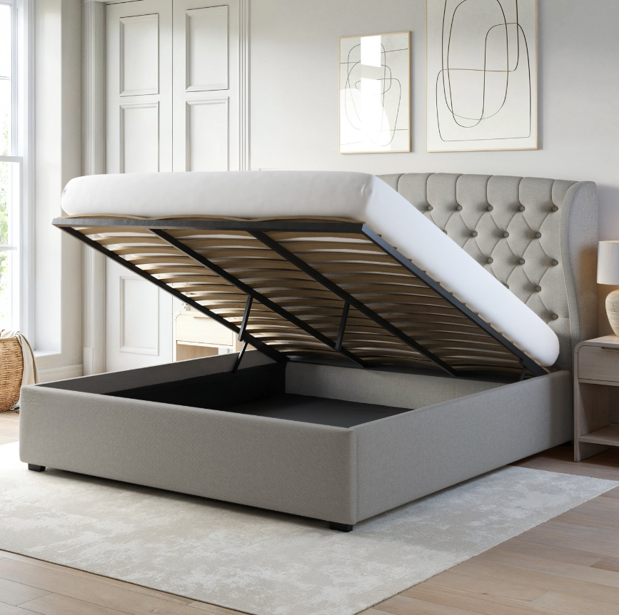 Grey Upholstered Ottoman Bed with Winged Headboard - Safina