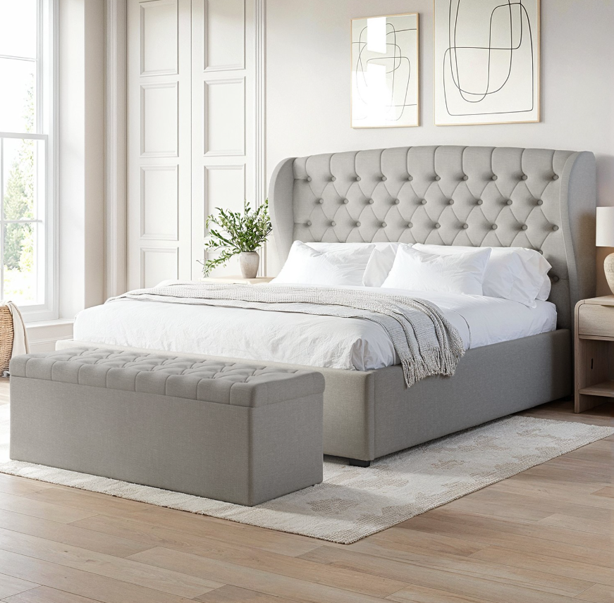 Grey Upholstered Ottoman Bed with Winged Headboard - Safina