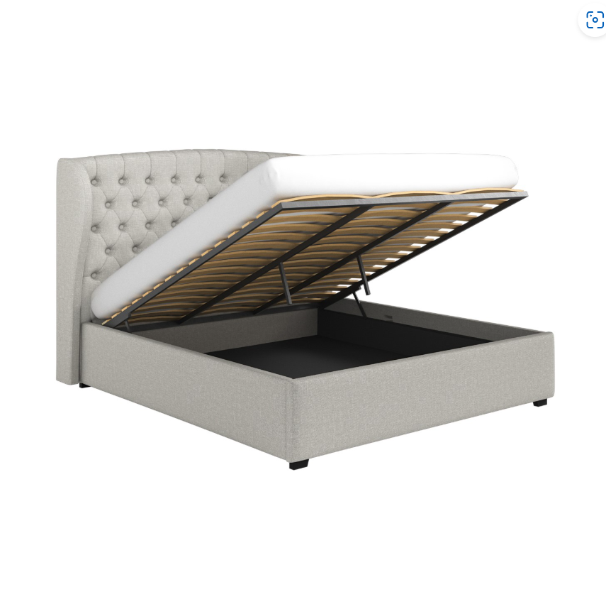Grey Upholstered Ottoman Bed with Winged Headboard - Safina