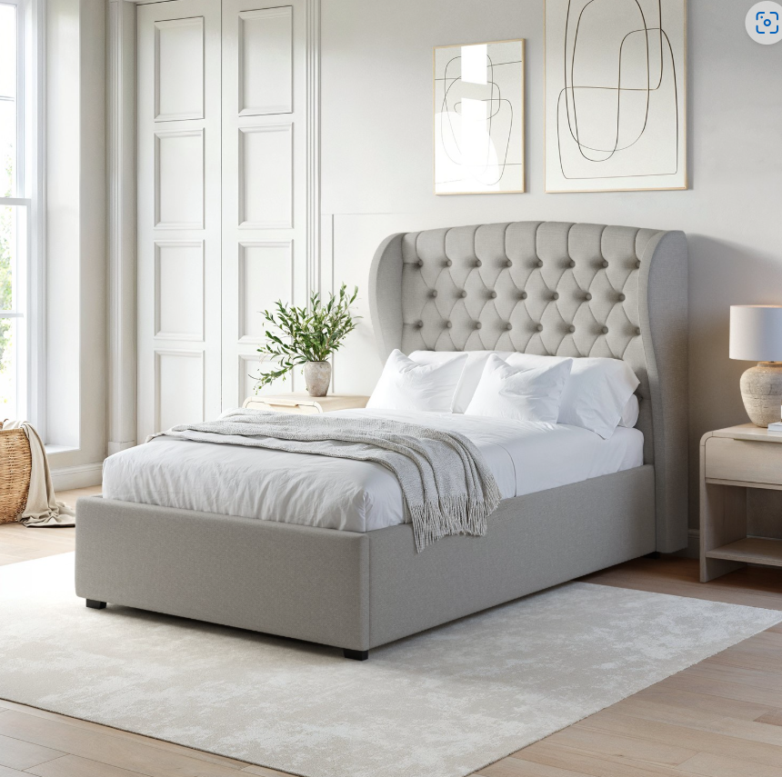 Grey Upholstered Ottoman Bed with Winged Headboard - Safina