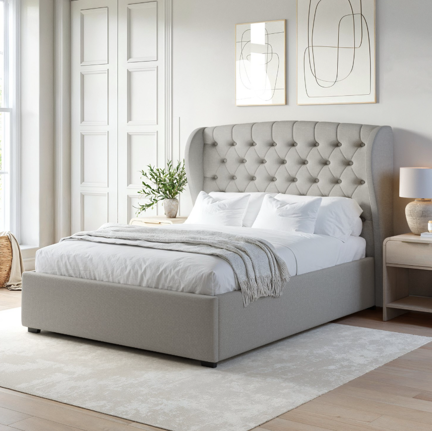 Grey Upholstered Ottoman Bed with Winged Headboard - Safina