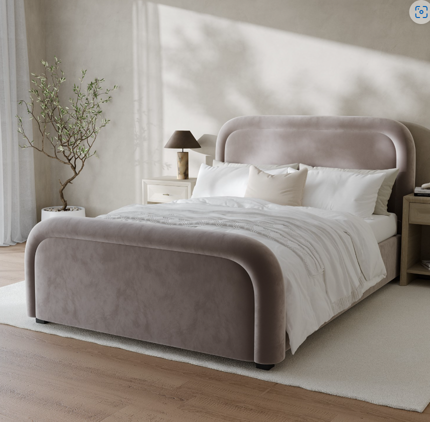 Mink Brown Velvet Ottoman Bed with Curved Headboard - Naomi