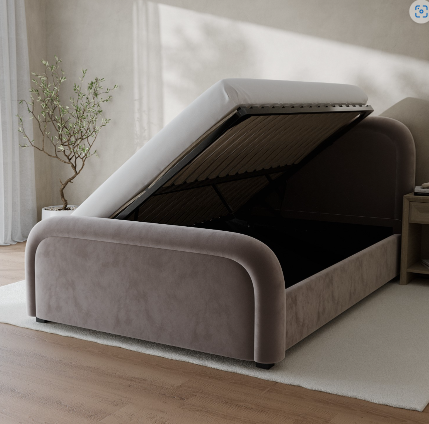 Mink Brown Velvet Ottoman Bed with Curved Headboard - Naomi