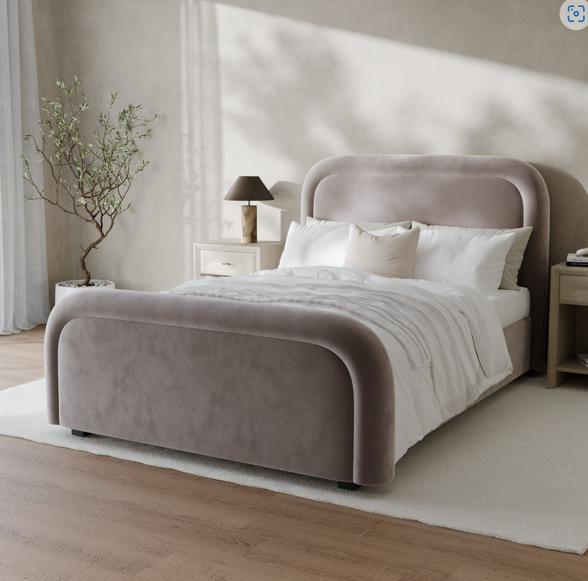 Mink Brown Velvet Ottoman Bed with Curved Headboard - Naomi