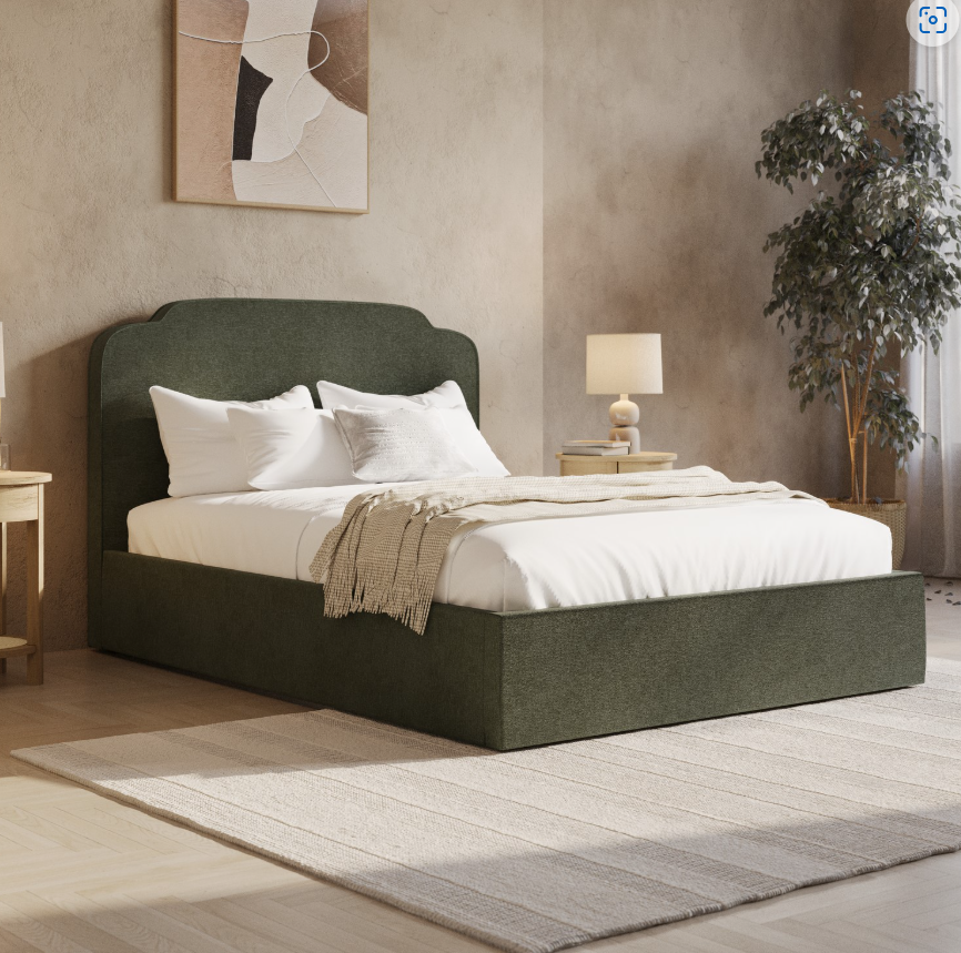 Green Chenille Ottoman Bed with Scalloped Headboard - Siena