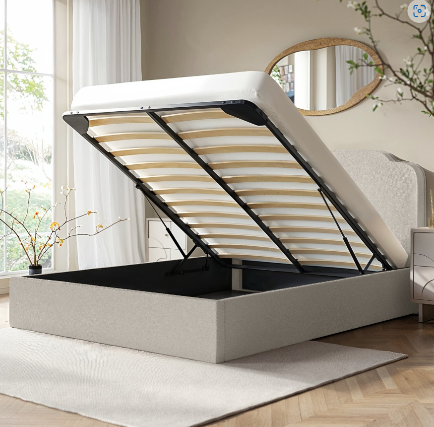 Cream Upholstered Ottoman Bed with Scalloped Headboard - Siena