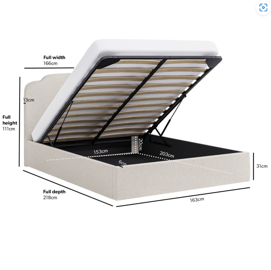 Cream Upholstered Ottoman Bed with Scalloped Headboard - Siena