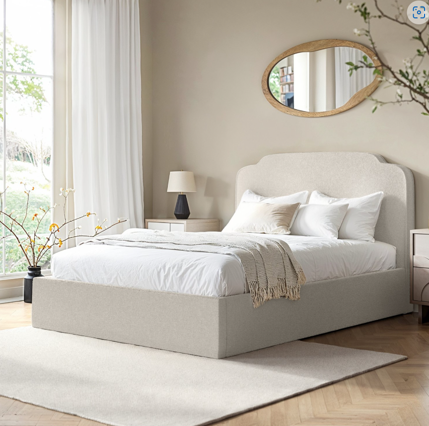 Cream Upholstered Ottoman Bed with Scalloped Headboard - Siena