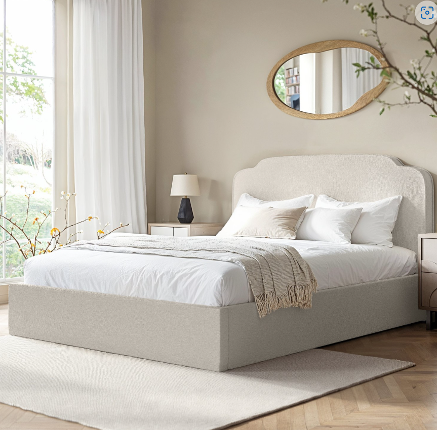 Cream Upholstered Ottoman Bed with Scalloped Headboard - Siena