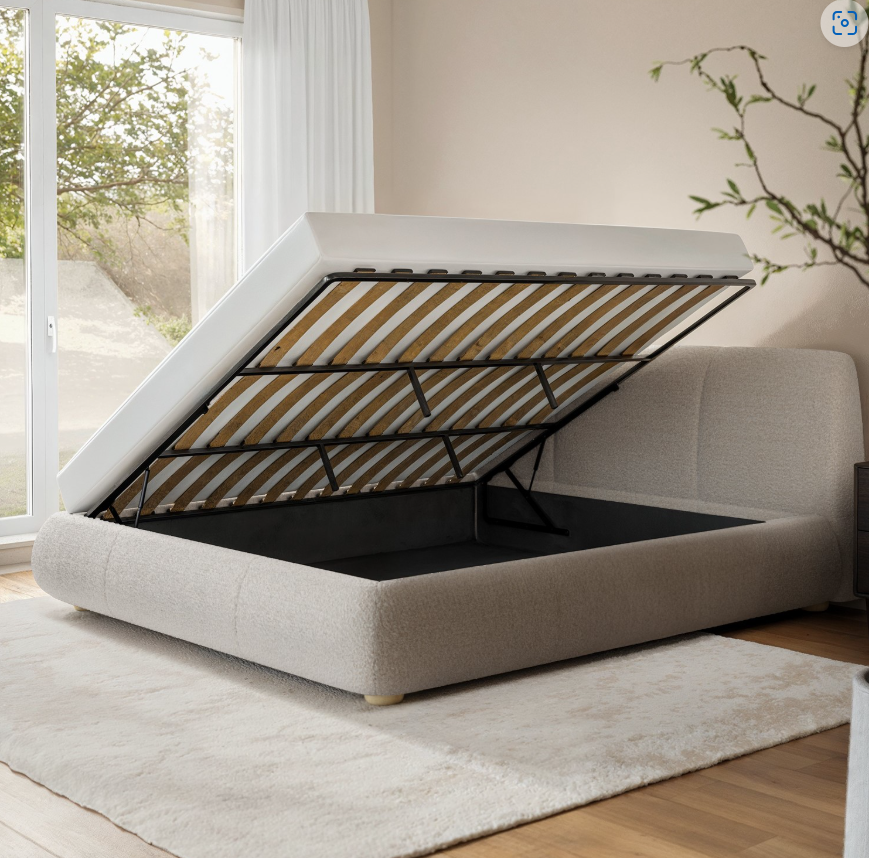Beige Boucle Side-Lift Ottoman Bed with Cushioned Headboard - Ciara
