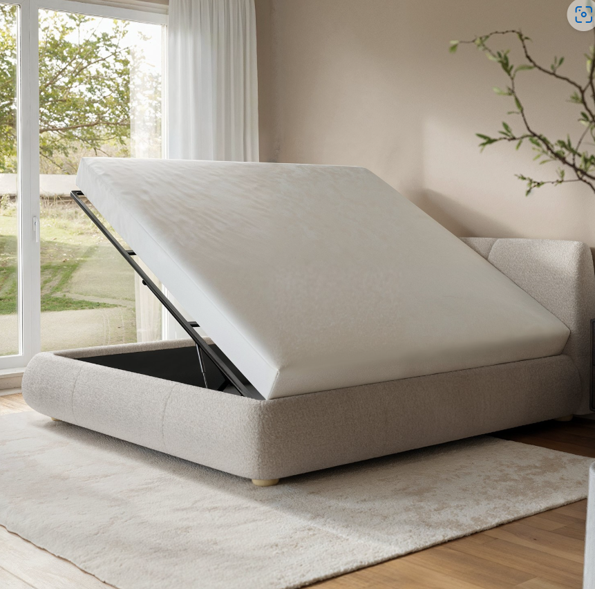 Beige Boucle Side-Lift Ottoman Bed with Cushioned Headboard - Ciara