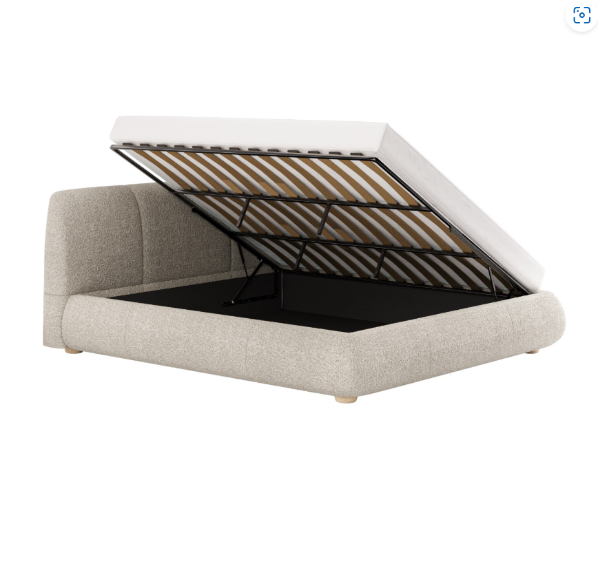 Beige Boucle Side-Lift Ottoman Bed with Cushioned Headboard - Ciara