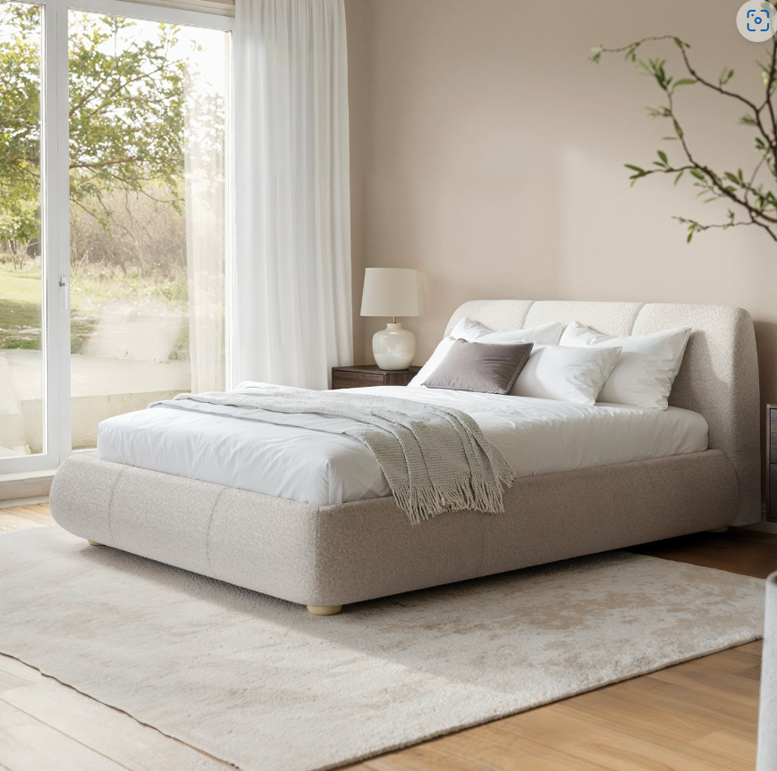 Beige Boucle Side-Lift Ottoman Bed with Cushioned Headboard - Ciara