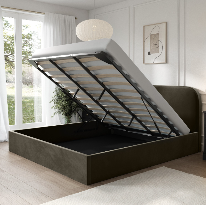 Khaki Green Velvet Ottoman Bed Frame - Zara