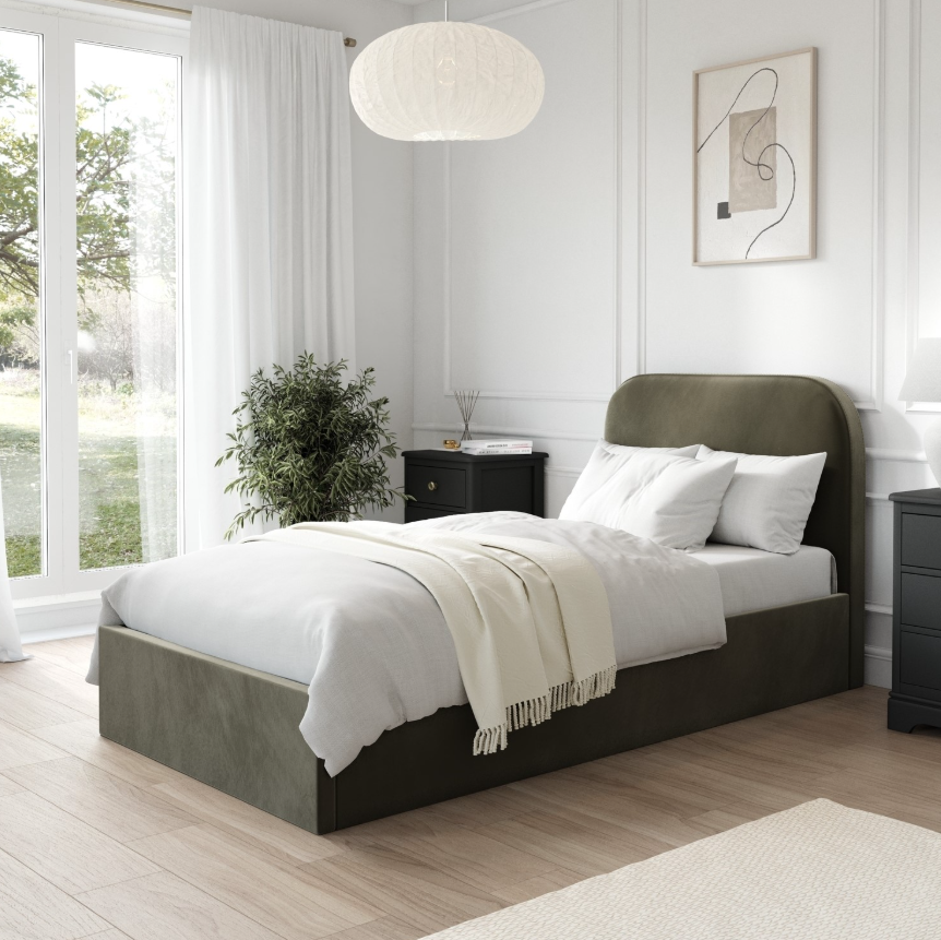 Khaki Green Velvet Ottoman Bed Frame - Zara
