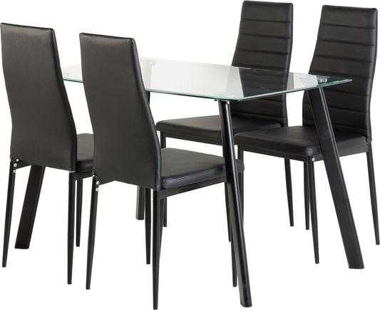 ABBEY DINING SET - CLEAR GLASS/BLACK/BLACK FAUX LEATHER