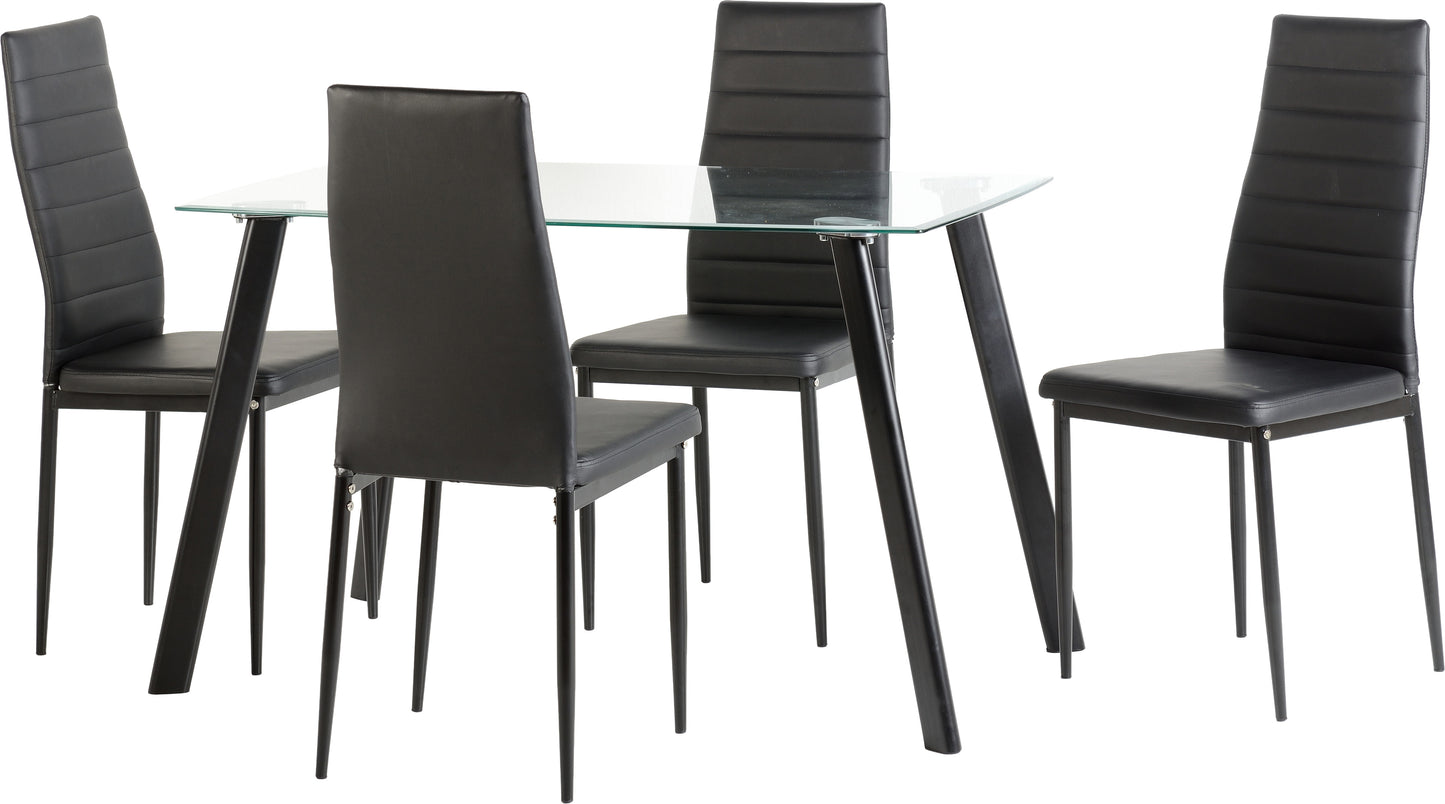 ABBEY DINING SET - CLEAR GLASS/BLACK/BLACK FAUX LEATHER