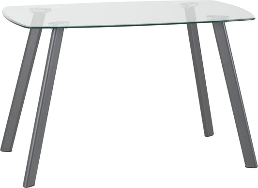 ABBEY DINING SET - CLEAR GLASS/GREY/GREY FAUX LEATHER