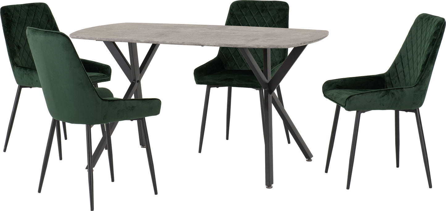 ATHENS RECTANGULAR DINING SET WITH AVERY CHAIRS - CONCRETE EFFECT/BLACK/EMERALD GREEN VELVET