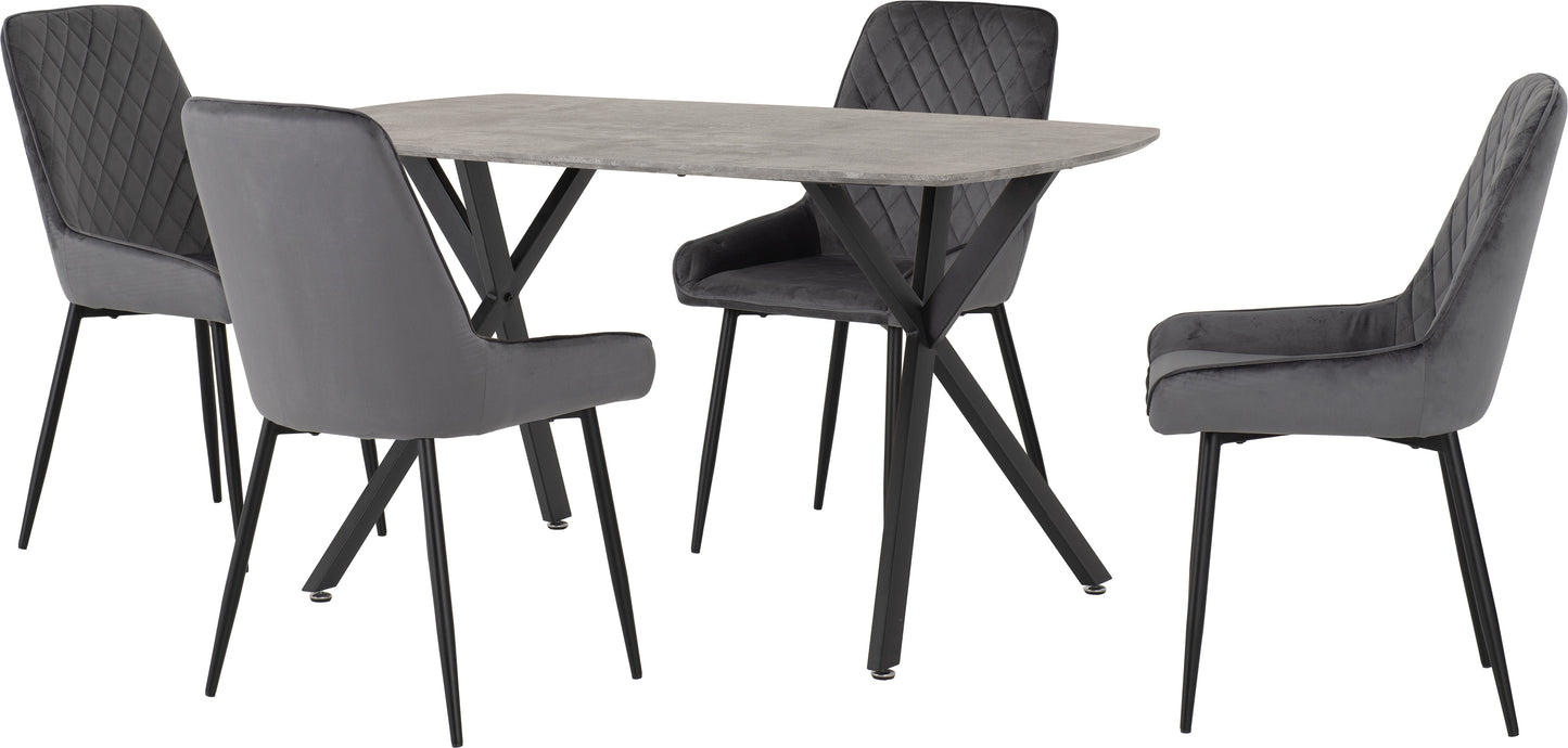 ATHENS RECTANGULAR DINING SET WITH AVERY CHAIRS - CONCRETE EFFECT/BLACK/GREY VELVET