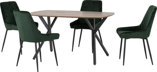 ATHENS RECTANGULAR DINING SET WITH AVERY CHAIRS - MEDIUM OAK EFFECT/BLACK/EMERALD GREEN VELVET