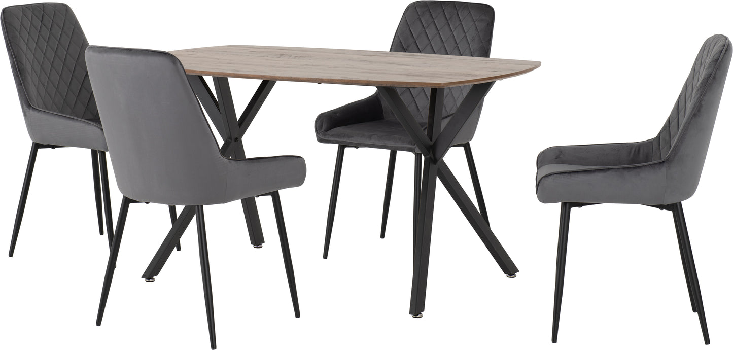 ATHENS RECTANGULAR DINING SET WITH AVERY CHAIRS - MEDIUM OAK EFFECT/BLACK/GREY VELVET