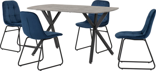 ATHENS RECTANGULAR DINING SET WITH LUKAS CHAIRS - CONCRETE EFFECT/BLACK/SAPPHIRE BLUE VELVET