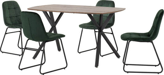 ATHENS RECTANGULAR DINING SET WITH LUKAS CHAIRS - MEDIUM OAK EFFECT/BLACK/EMERALD GREEN VELVET