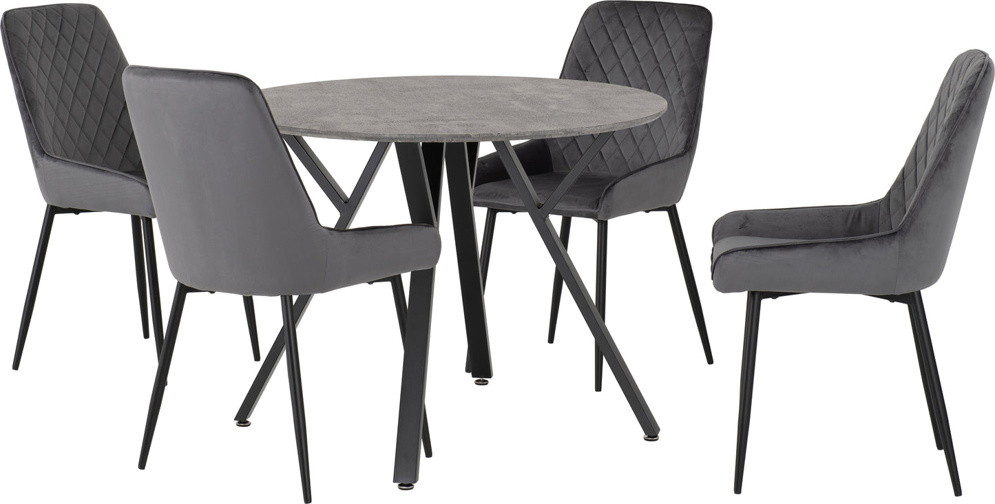 ATHENS ROUND DINING SET WITH AVERY CHAIRS - CONCRETE EFFECT/BLACK/GREY VELVET