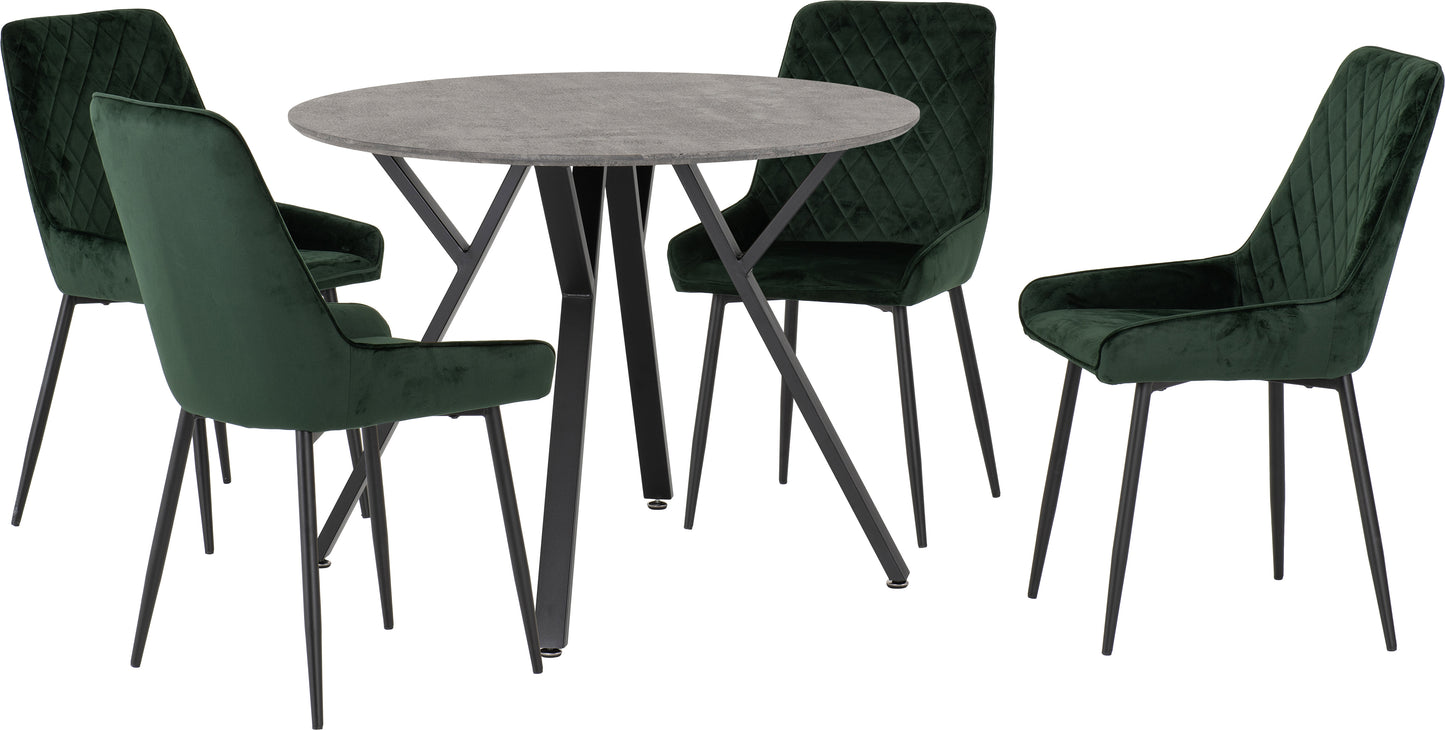 ATHENS ROUND DINING SET WITH AVERY CHAIRS - CONCRETE EFFECT/BLACK/EMERALD GREEN VELVET