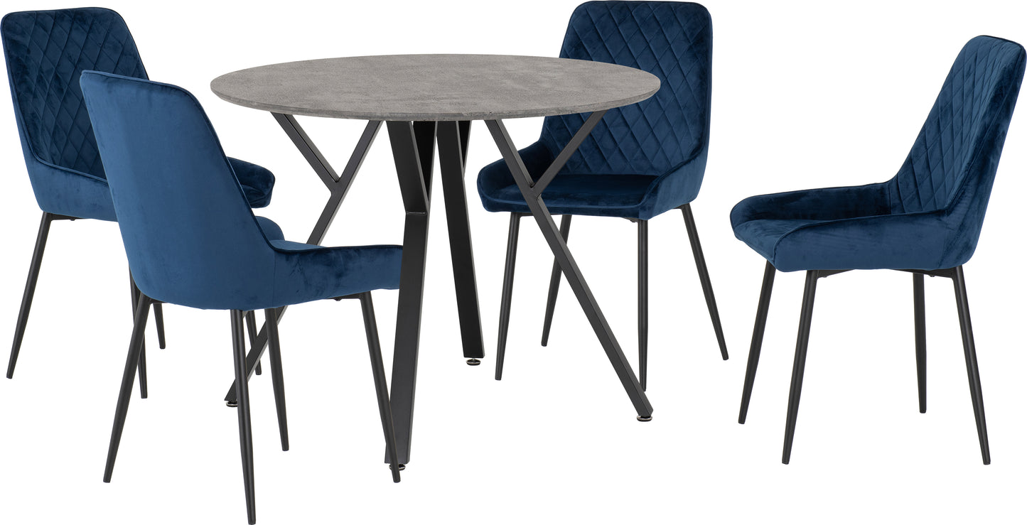 ATHENS ROUND DINING SET WITH AVERY CHAIRS - CONCRETE EFFECT/BLACK/SAPPHIRE BLUE VELVET