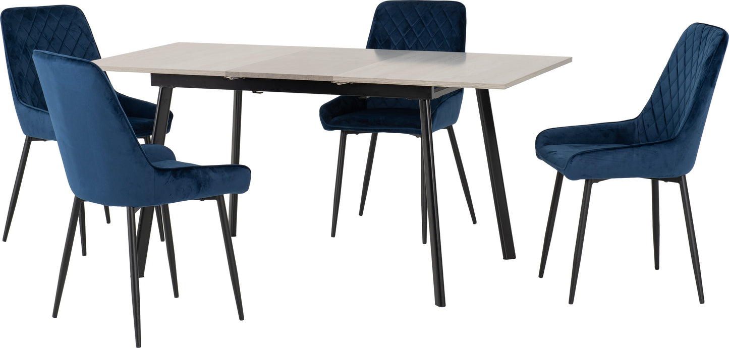 AVERY EXTENDING DINING SET WITH AVERY CHAIRS - CONCRETE/GREY OAK EFFECT/SAPPHIRE BLUE VELVET