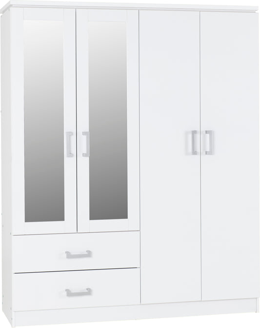 CHARLES 4 DOOR 2 DRAWER MIRRORED WARDROBE - WHITE