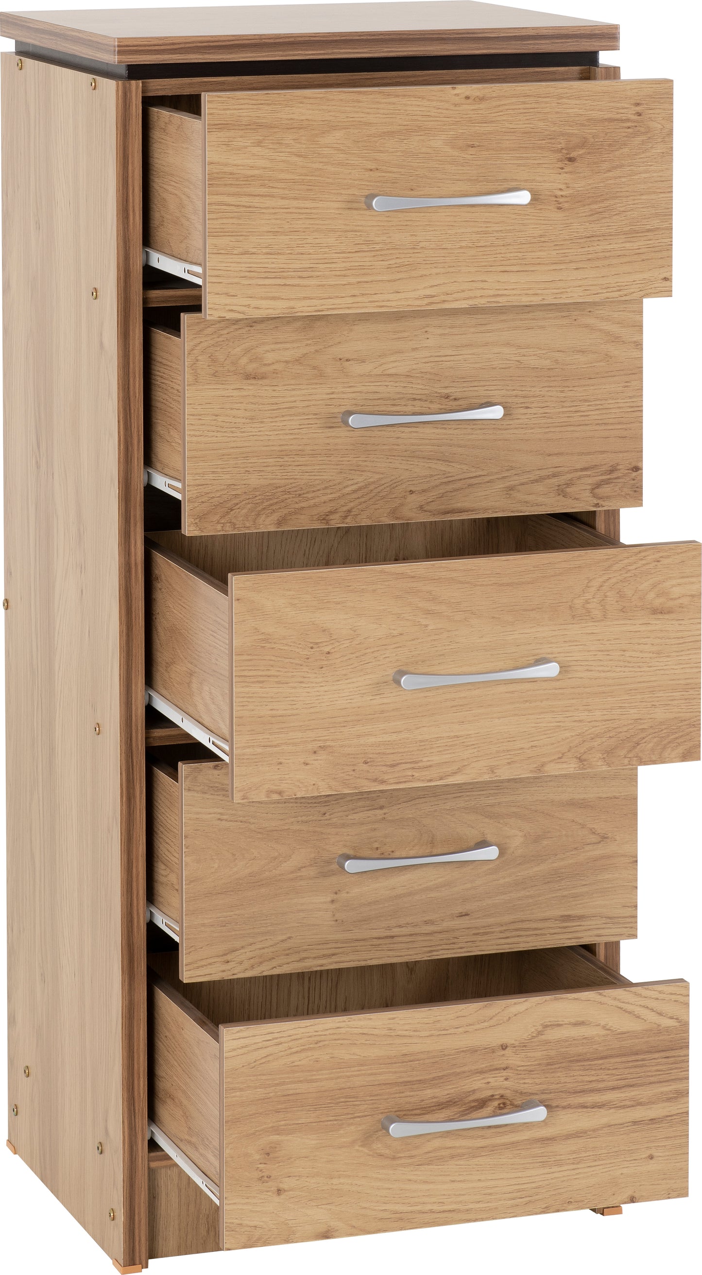 CHARLES 5 DRAWER NARROW CHEST - OAK EFFECT VENEER WITH WALNUT TRIM