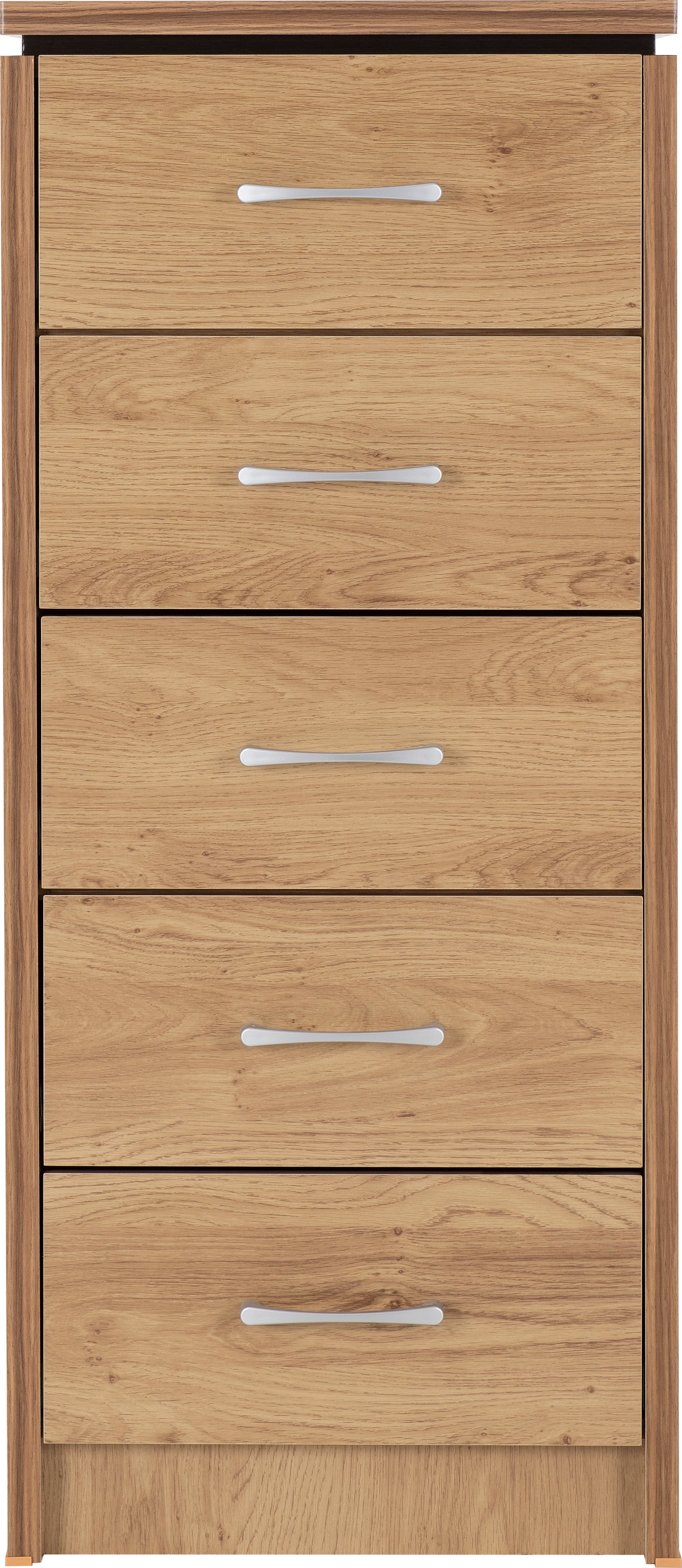 CHARLES 5 DRAWER NARROW CHEST - OAK EFFECT VENEER WITH WALNUT TRIM