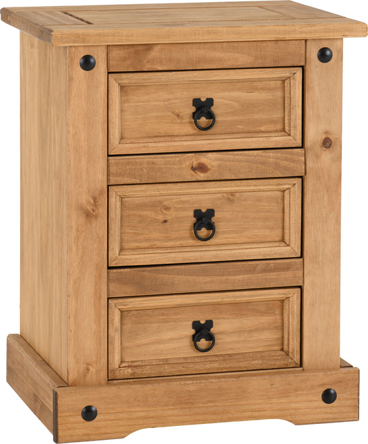 CORONA 3 DRAWER BEDSIDE - DISTRESSED WAXED PINE