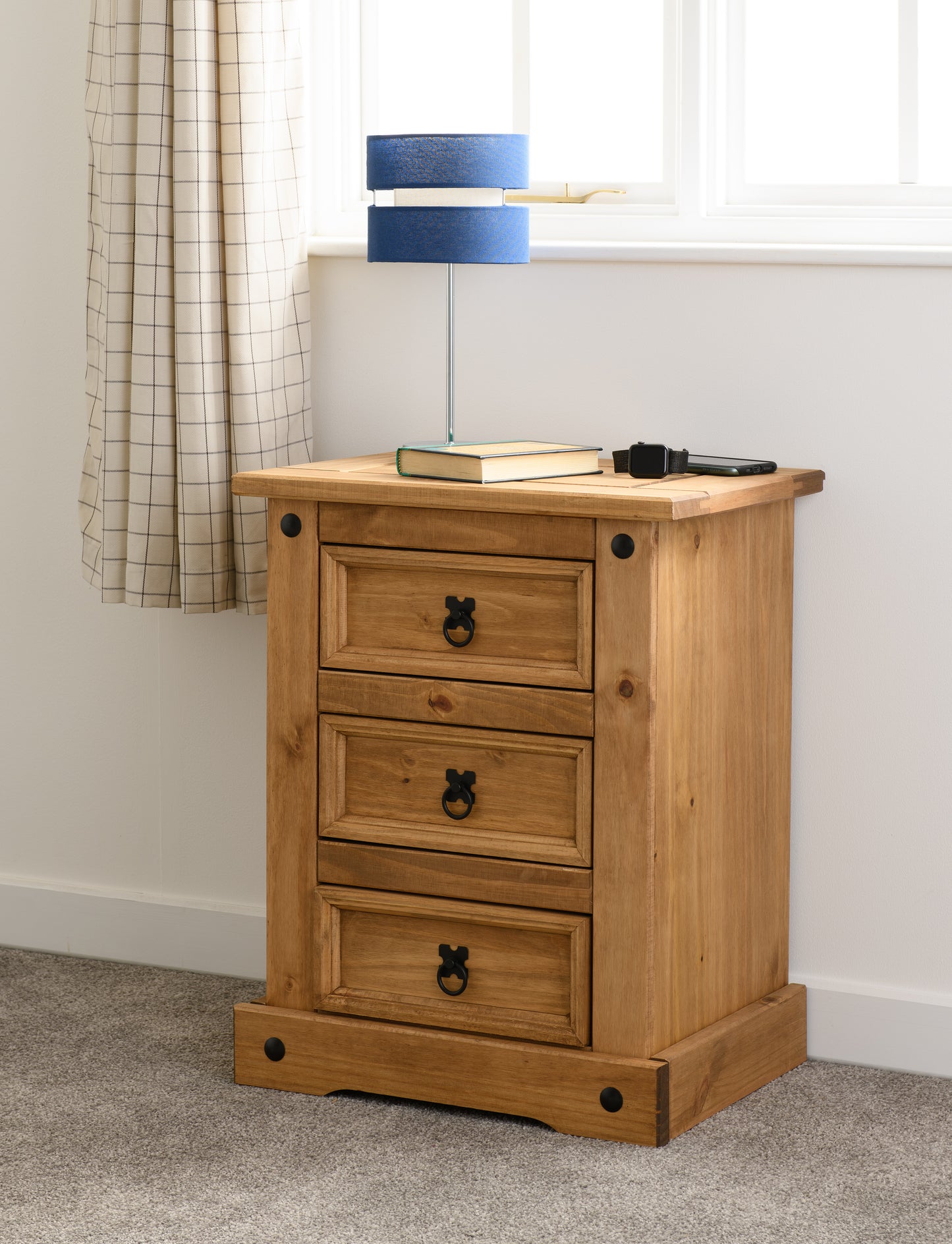 CORONA 3 DRAWER BEDSIDE - DISTRESSED WAXED PINE