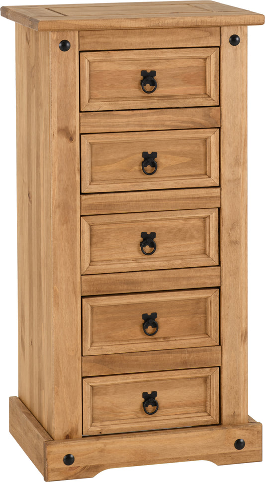 CORONA 5 DRAWER NARROW CHEST - DISTRESSED WAXED PINE