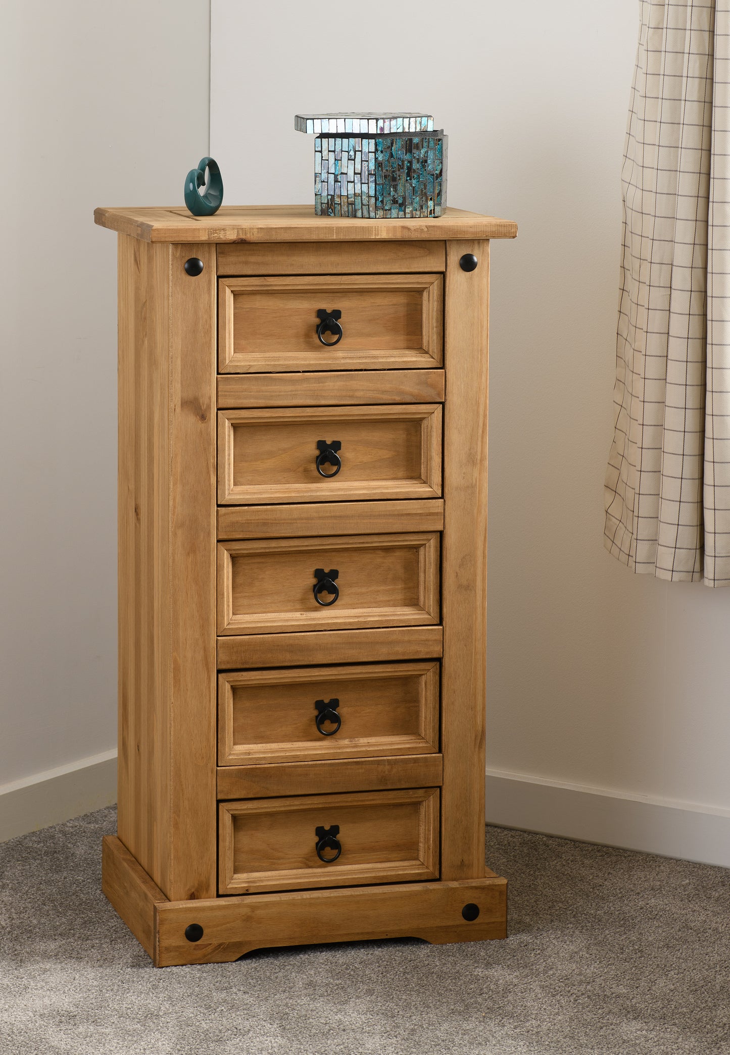 CORONA 5 DRAWER NARROW CHEST - DISTRESSED WAXED PINE