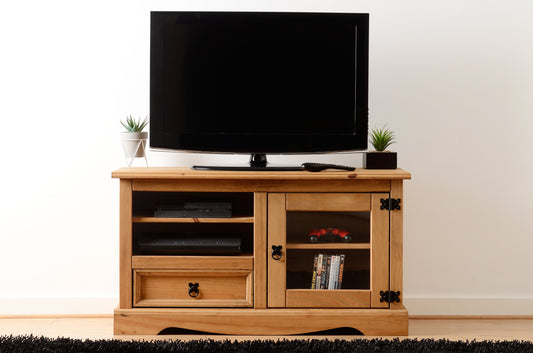 CORONA ENTERTAINMENT UNIT - DISTRESSED WAXED PINE/GLASS