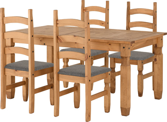 CORONA EXTENDING DINING SET (4 CHAIRS) - DISTRESSED WAXED PINE/GREY FABRIC