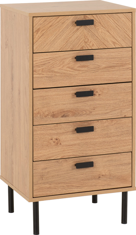 LEON 5 DRAWER NARROW CHEST - MEDIUM OAK EFFECT