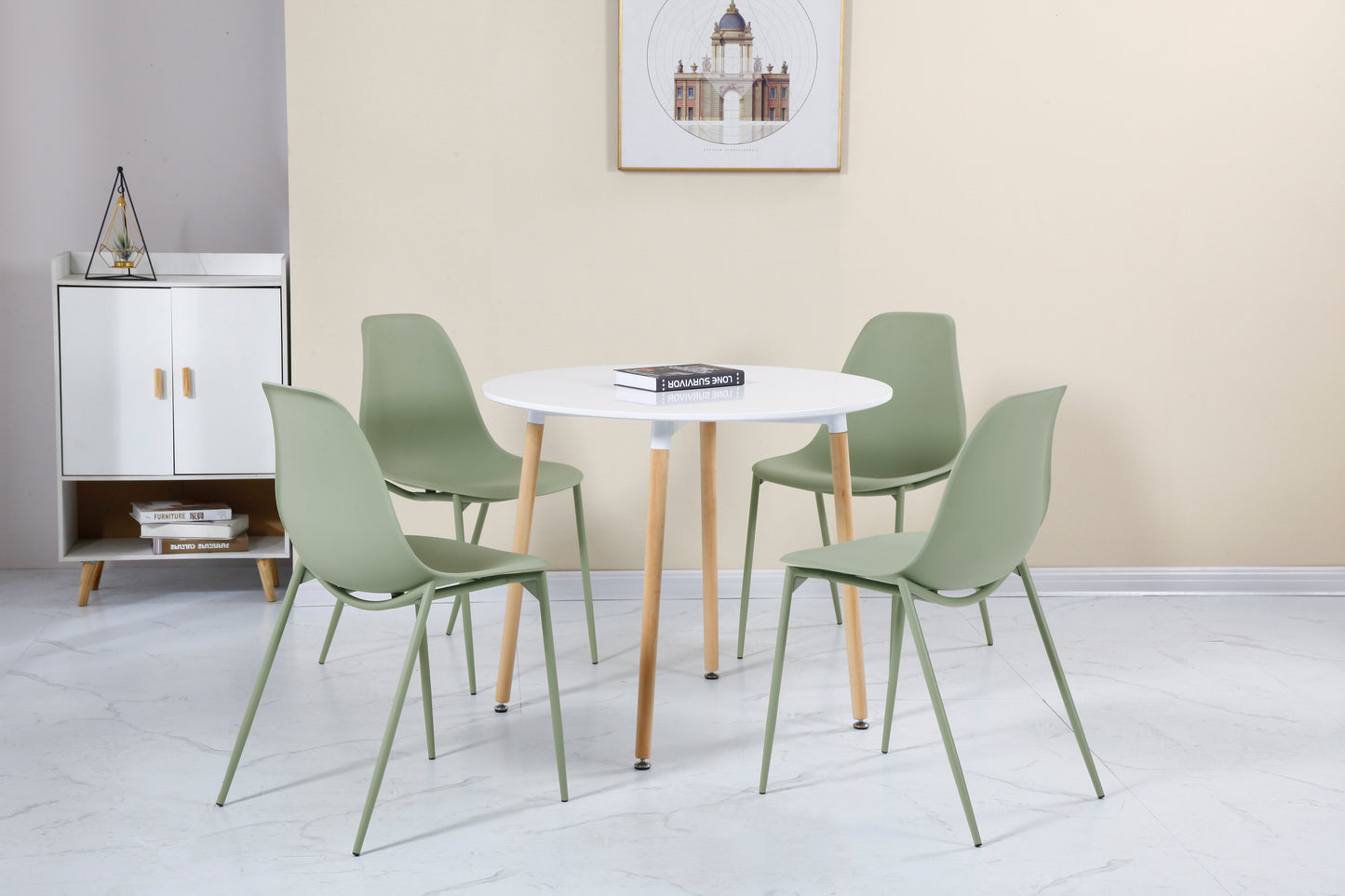 LINDON DINING SET - WHITE/NATURAL OAK/GREEN