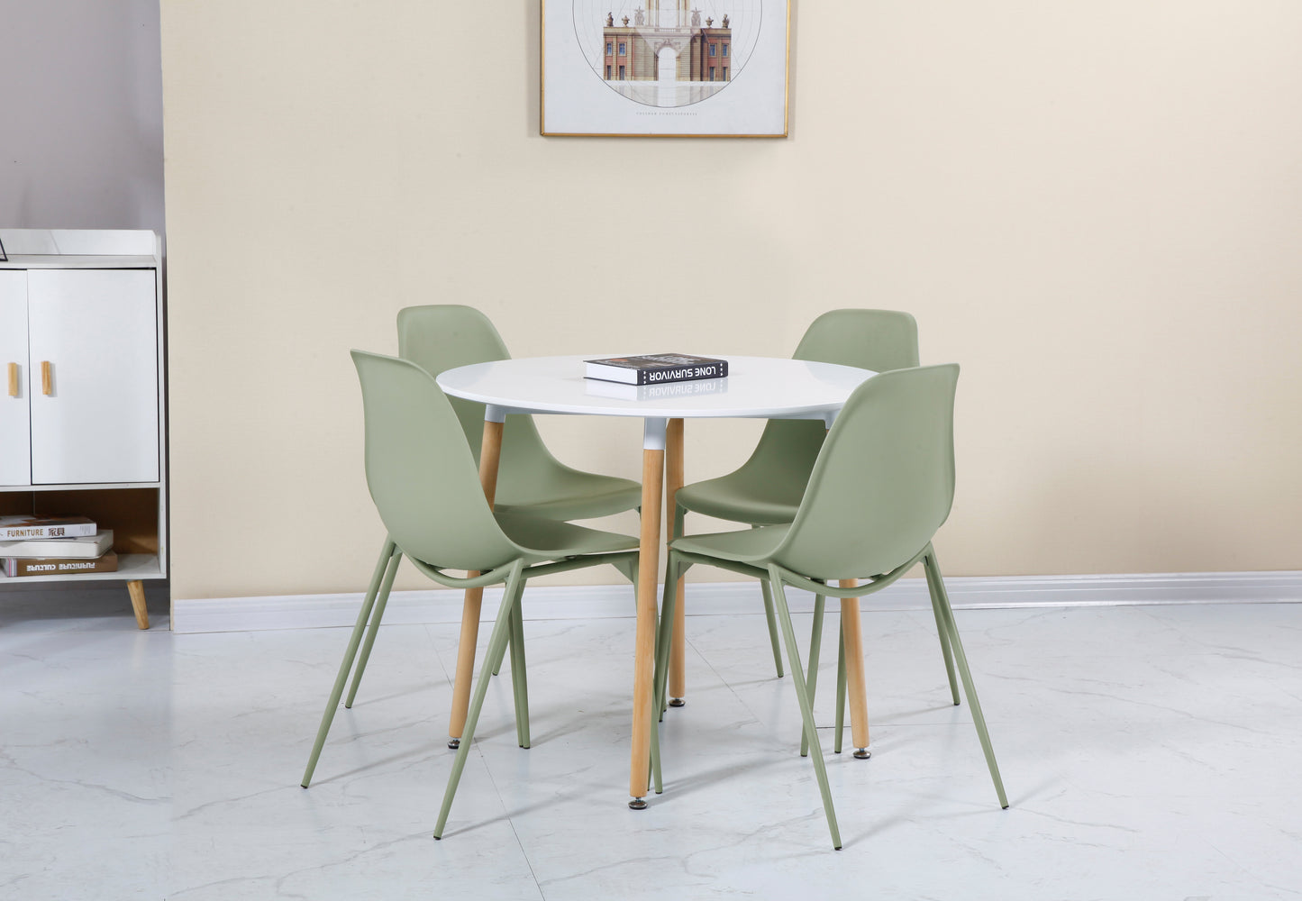 LINDON DINING SET - WHITE/NATURAL OAK/GREEN