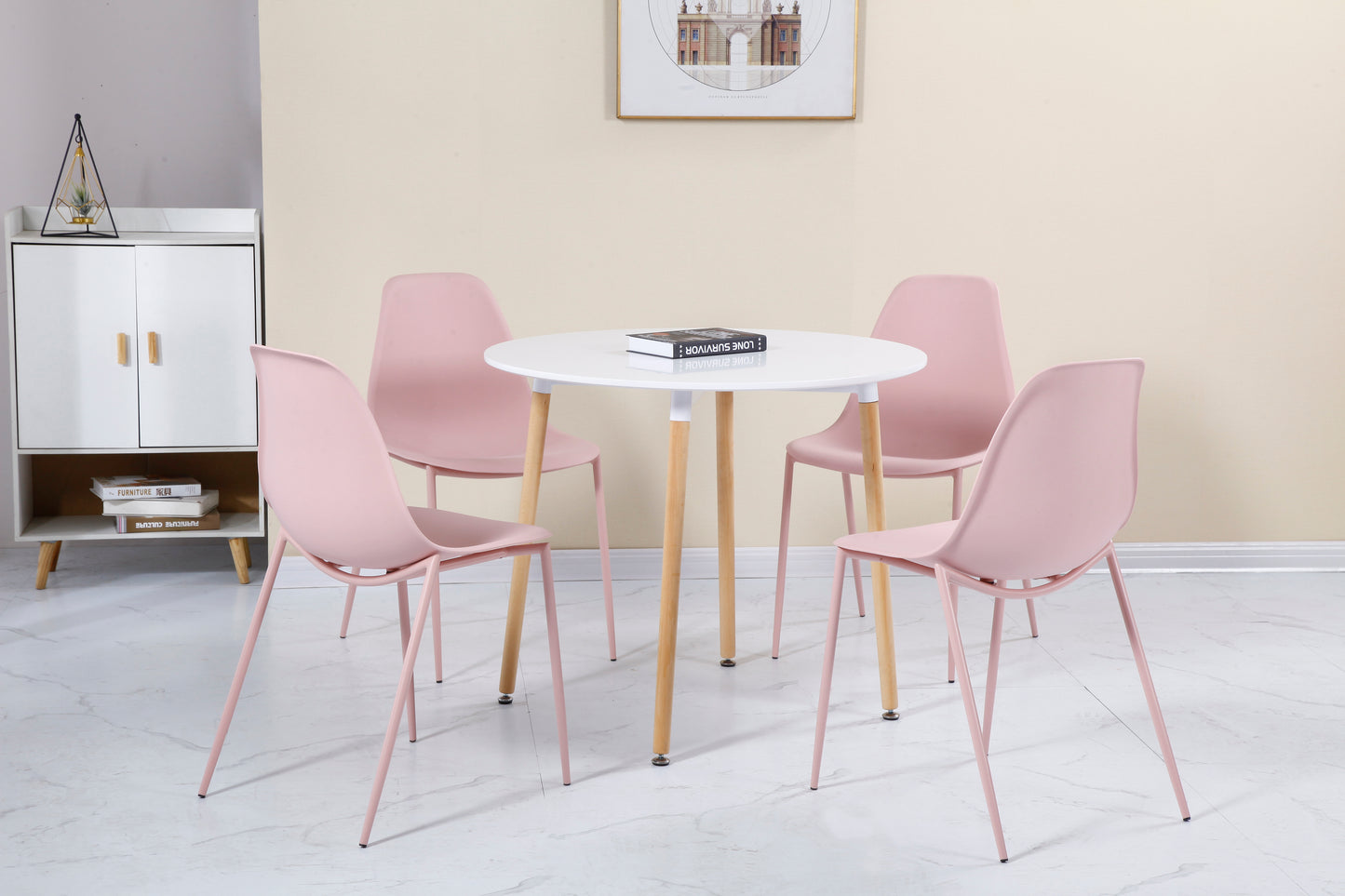 LINDON DINING SET - WHITE/NATURAL OAK/PINK