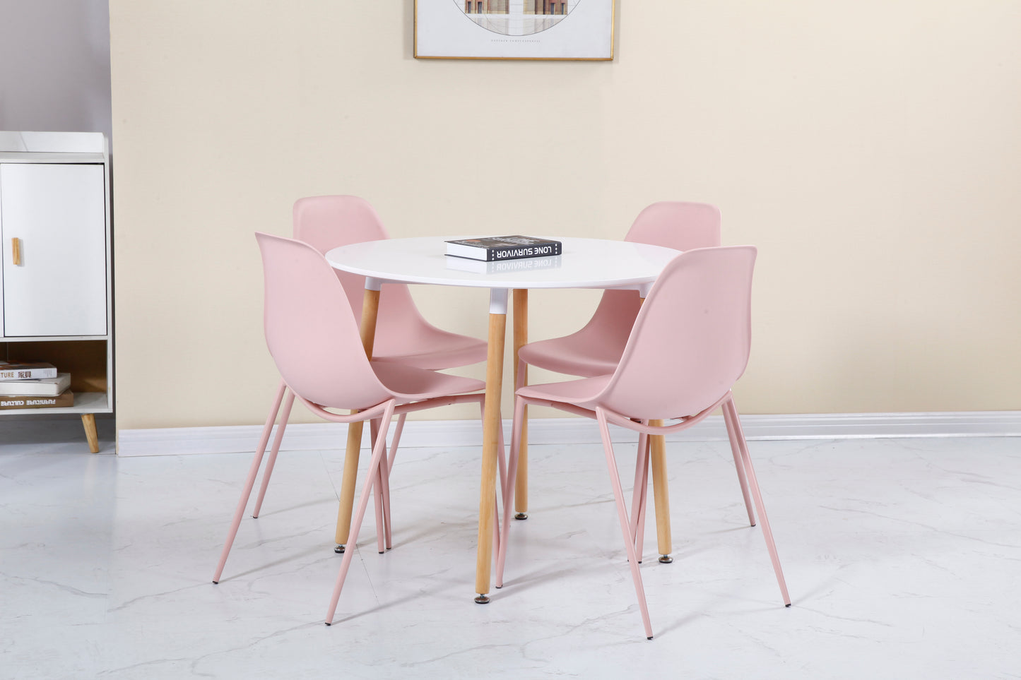 LINDON DINING SET - WHITE/NATURAL OAK/PINK