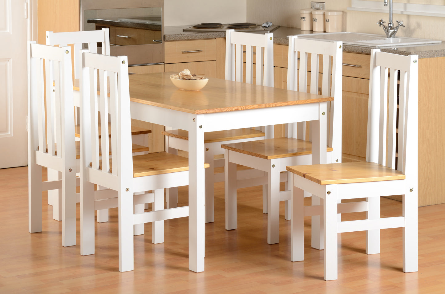 LUDLOW 1+6 DINING SET - WHITE/OAK LACQUER