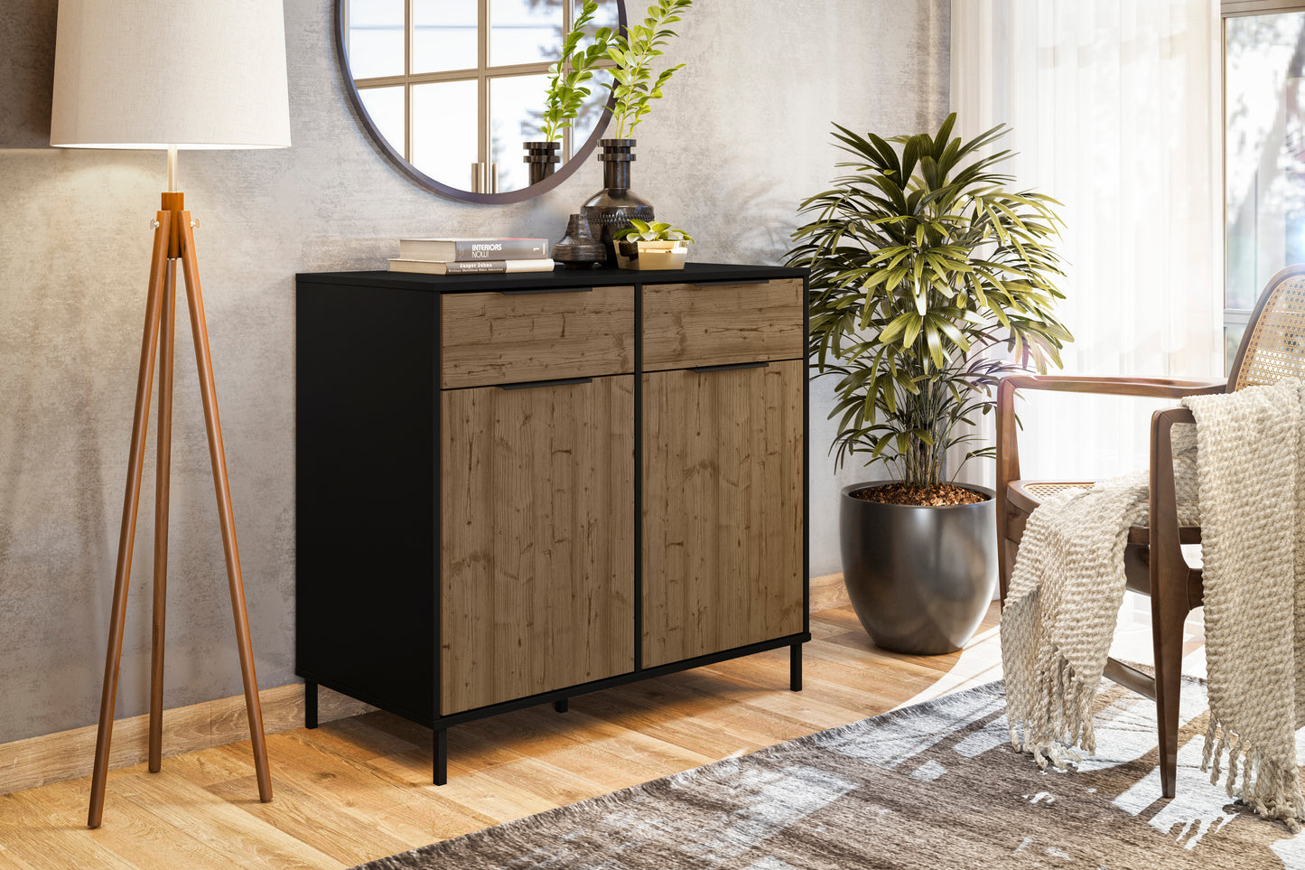 MADRID 2 DOOR SIDEBOARD - BLACK/ACACIA EFFECT