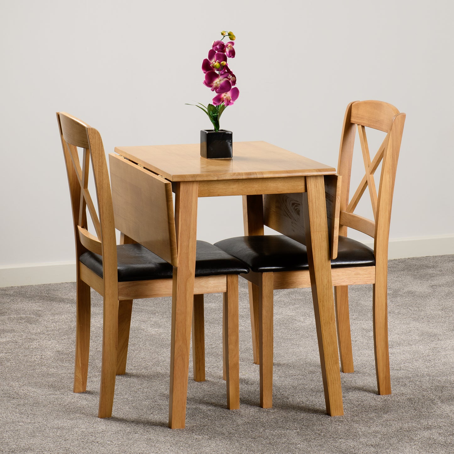 MASON DOUBLE DROP LEAF DINING SET - OAK VARNISH/BROWN FAUX LEATHER